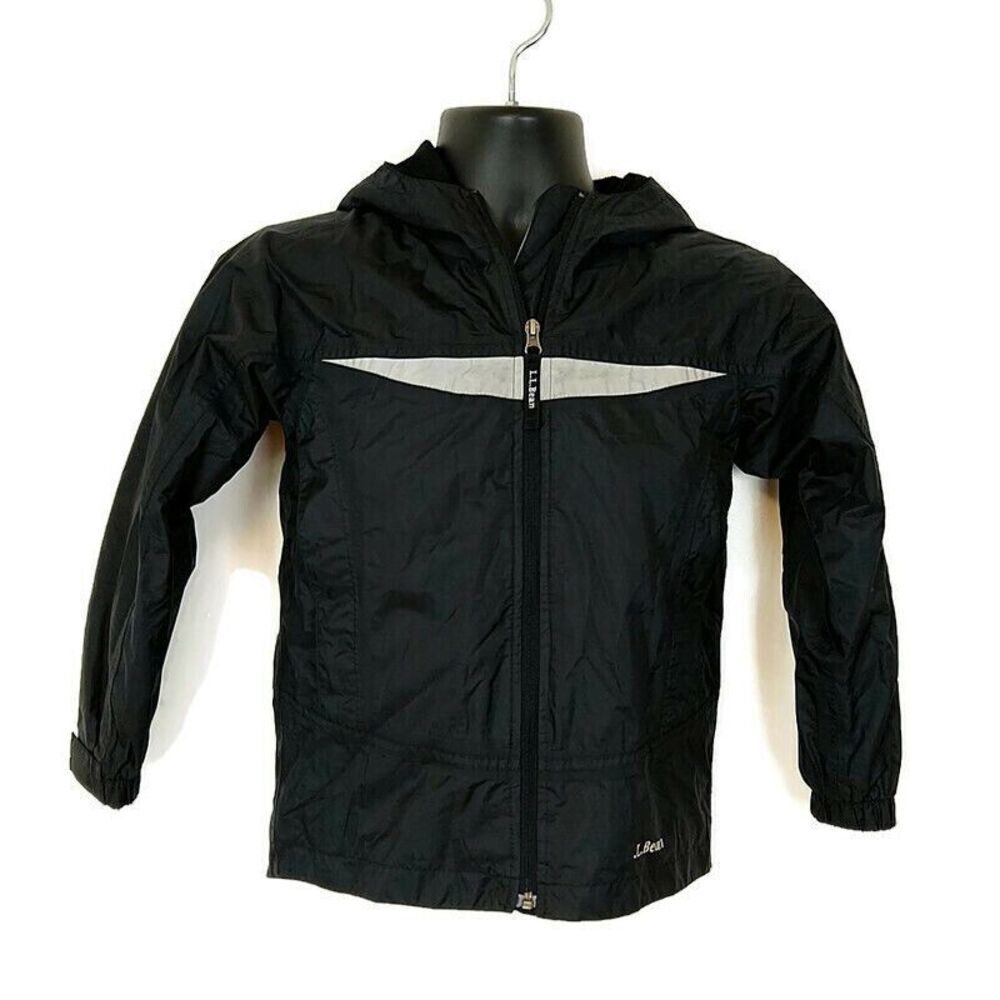 LL Bean Boys sz S Jacket Solid Black Full Zip Long Sleeve Hooded Windbreaker